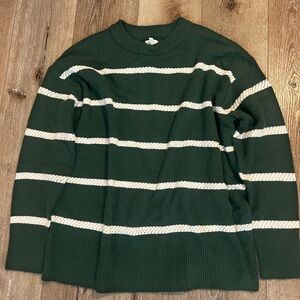 Aerie Forest Green and Cream Striped Crewneck Sweater